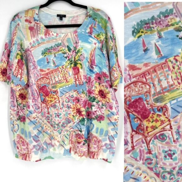 Talbots Colorful Coastal City Lightweight Pullover SS Sweater Top Size 2X Boatin - Picture 1 of 8